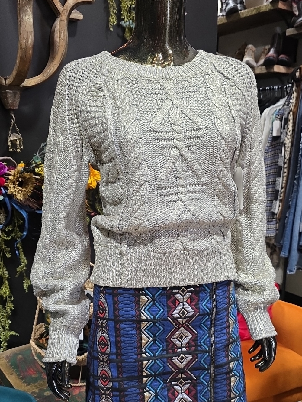 Sundance Silver/ Gray Cable Knit Crewneck Sweater